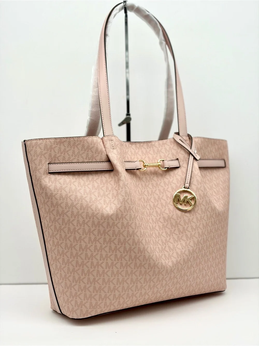 Michael Kors Carson Lg CZ EW Signature Logo Shoulder Tote Handbag Powder Blush